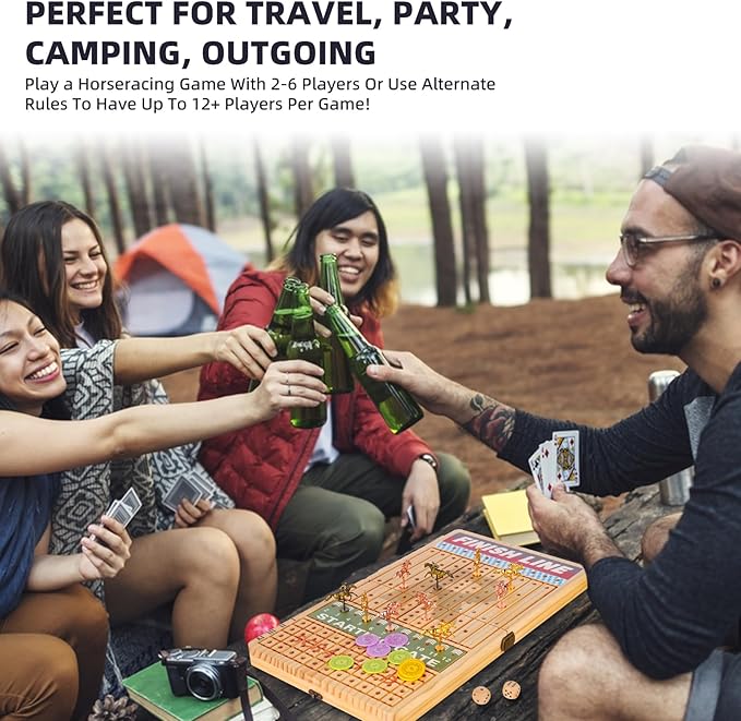 21 Inches Horse Race Board Game, Horse Racing Game with Cards and Dice, 11 Metal Horses, 60 Pcs Poker Chips Set, Solid Wood Across The Board Horse Race Game for Adults Family Friends