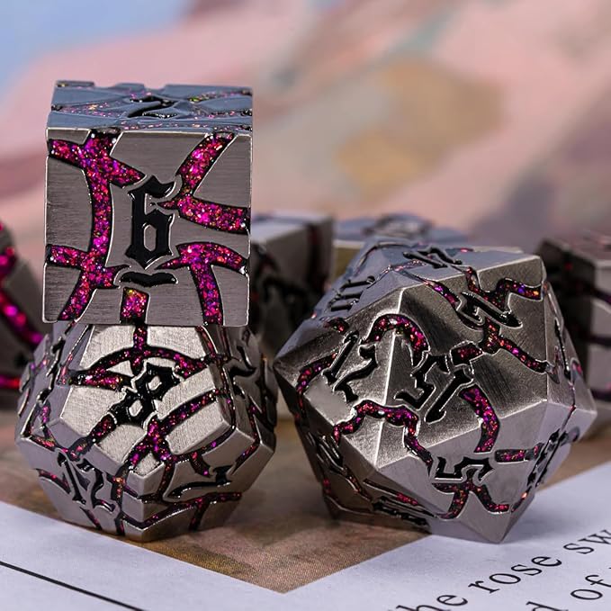 Metal Dice Set D&D,Crack Metallic DND Dice Set with Box, Metal Glitter RPG Dice for Dungeons and Dragons Table Game(Antique Silver Rose red)