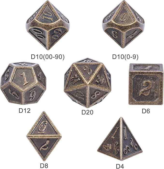 DnDnD Ancient Design Dice, 7PCS Brass DND Metal Dice with Metal Box for Table Games Dungeons and Dragons D&D