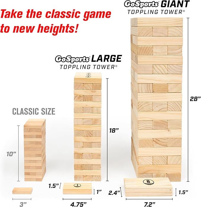 GoSports Giant Wooden Stacking Game - Stacks Up to 5 ft - Choose Brown Wood Stain, Gray, Natural, Stars & Stripes, or Tropical Hardwood - Toppling Tower