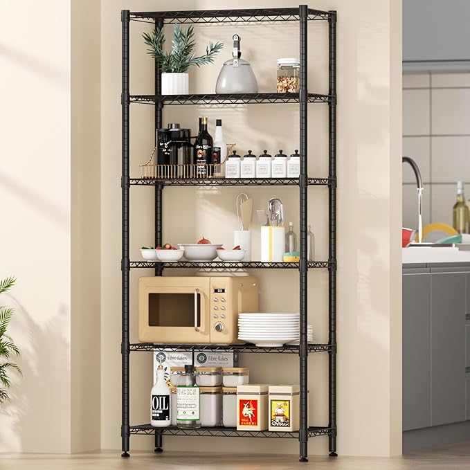 6 Tier Adjustable Storage Shelves,Heavy Duty Metal Utility Shelf 900LBS Capacity,Wire Shelving Unit Organizer Rack for Home,Kitchen,Office,Bathroom,Pantry Room,12" D x 22" W x 69" H,Black