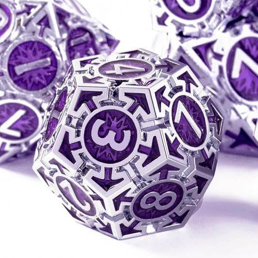 Metal DND Dice Set - High Artistic Making Dungeons and Dragons Dice, Large Weighted Metallic D&D Dice Sets - Polyhedral Role Playing Dice for MTG RPG, Silver Purple D and D Dice with DND Gift Box