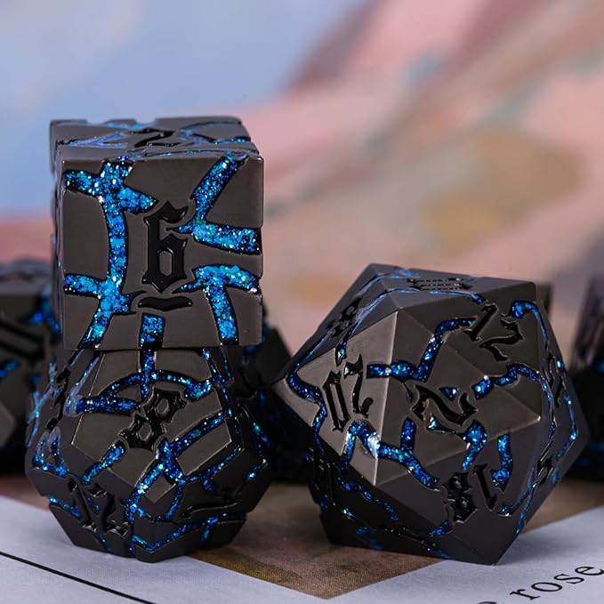 Metal Dice Set D&D,Crack Metallic DND Dice Set with Box, Metal Glitter RPG Dice for Dungeons and Dragons Table Game(Pearl Gun Bright Blue)