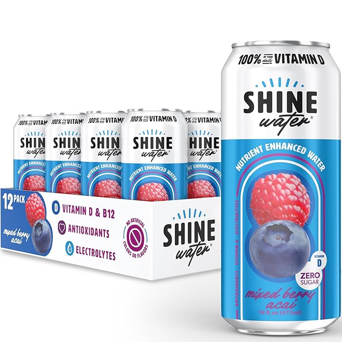 ShineWater Vitamin D Hydration Electrolyte Drink - Flavored water with electrolytes, Sugar-Free, Magnesium, Zinc, Vitamin B12, Folic Acid, Plant-Based, Low Calorie - Mixed Berry Fruit Water 12 Pack
