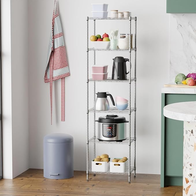 6 Tiers Wire Shelving 12" Dx17 Wx64 H Metal Frame Storage Shelves Easy Setup NSF Certified Storage Shelf Rack Shelf with Leveling Feet for Home Garage Kitchen Pantry, Chrome