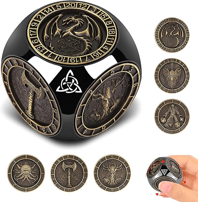 2025 New DND Spinner Dice for Dungeons and Dragons Gifts, 7-in-1 Metal Dice Set with 3D Relief, Polyhedral Roleplaying Game Dice, Fantasy D&D Tabletop RPG Accessories for DM & Player (Black-Gold)