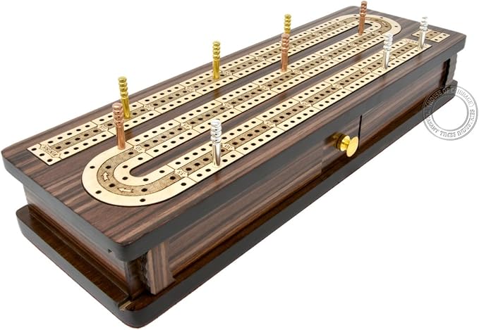 Continuous Cribbage Board/Box Inlaid in Rosewood/Maple 12" - 3 Tracks - Sliding Lid Drawer