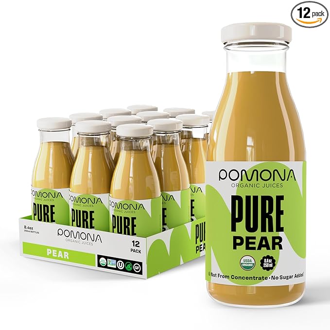 Pomona Organic Pear Juice, Cold Pressed USDA Organic Juices, Pears And Lemon Juice, No Added Sugar, Not From Concentrate, Vegan, Kosher, Non GMO, Pasteurized, 8.4 Oz Glass Bottles