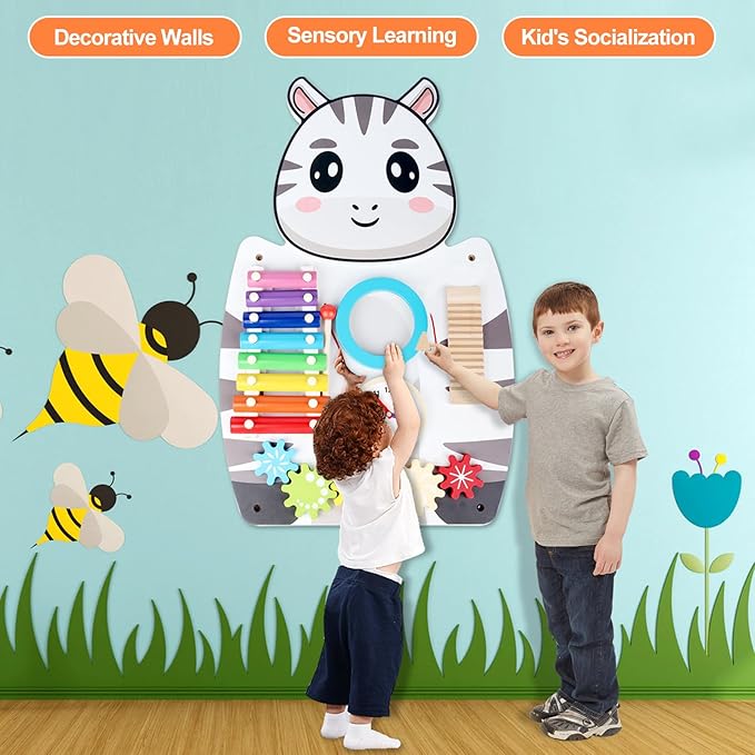 Sensory Wall Panels for Kids - 5 Activities Zebra Wooden Wall Mounted Toy for Daycare - Safety Decor for Toddlers Sensory Playroom