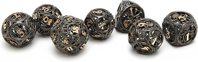 DND Dice,Hollow D&D Metal Dice,Unique Round Ball Design Octopus Dice with Gift Box for Dungeons & Dragon Gaming,7 PCs Steampunk Polyhedral D and D Dic(Ball Octopus Black Gold)
