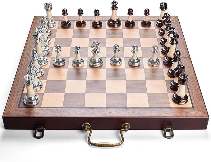 Deluxe Chess Set 16.5'' Wooden Large Folding Chess Board Game with Handle, Weighted Acrylic Chess Pieces - 3.5" King with Storage Slots for Beginners, Professional Players