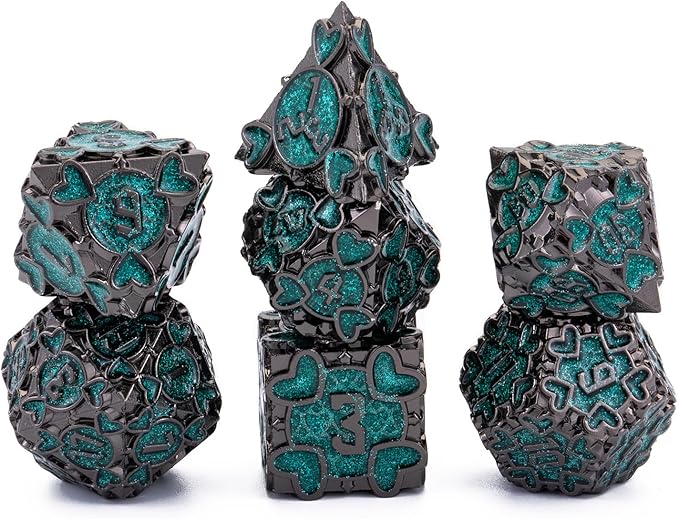 Metal D&D Dice Set, 7 pcs Polyhedral Dice Set with Beautiful Gift Box for Dungeons and Dragons MTR PRG Tabletop Games (Black-Green)