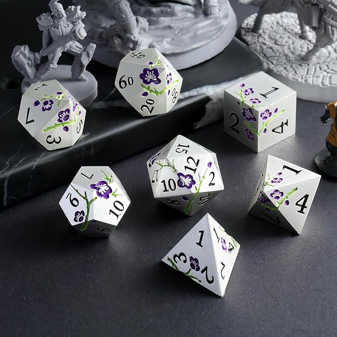 Flower Silver Metal Dice, DNDND 7 PCS Heavy Metallic D&D Dice Set with Gorgeous Gift Case for Dungeons and Dragon Tabletop Game (Matte Silver with Purple Flower)