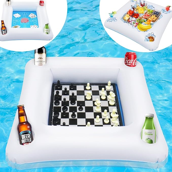 Floating Pool Game Table with Playing Cards - Inflatable Pool Party Tray Float with Foldable Chess Board - Mostop Floating Card Game Table - Pool Float Food Drink Holder for Hot Tub Beach Summer Party