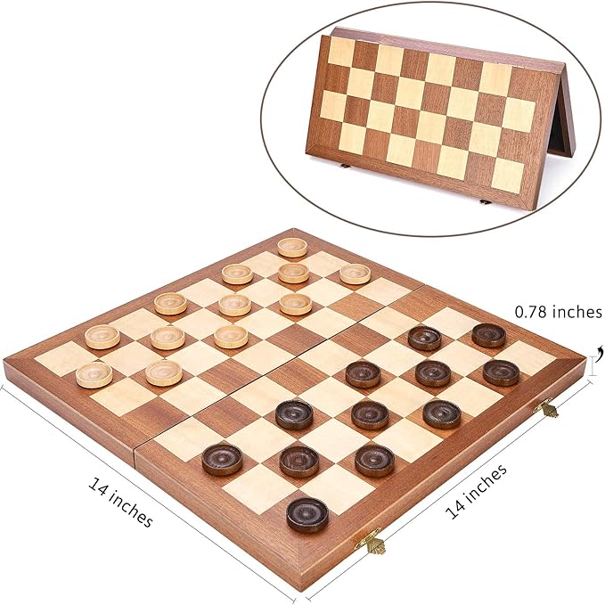 VAMSLOVE 14inch Checkers Folding Wooden Game Set, 8x8 Classic Checkerboard International Checkers Draughts Board 64 Square with Pieces Storage Slots (Instructions Included)