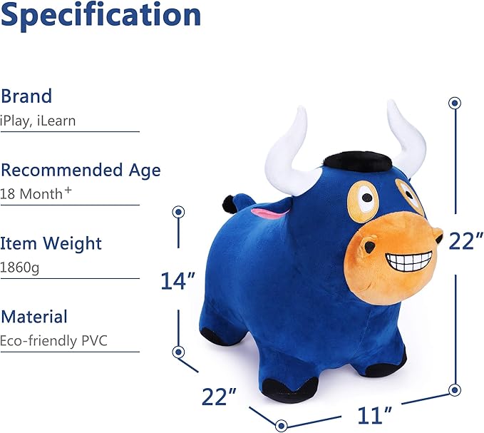 iPlay, iLearn Bouncy Pals Bull Hopping Horse, Plush Inflatable Animal Hopper, Indoor n Outdoor Ride on Jumping Bounce Toys, Birthday Gift for 18 Months 2 3 4 5 Year Old Kids Toddlers Boys Girls