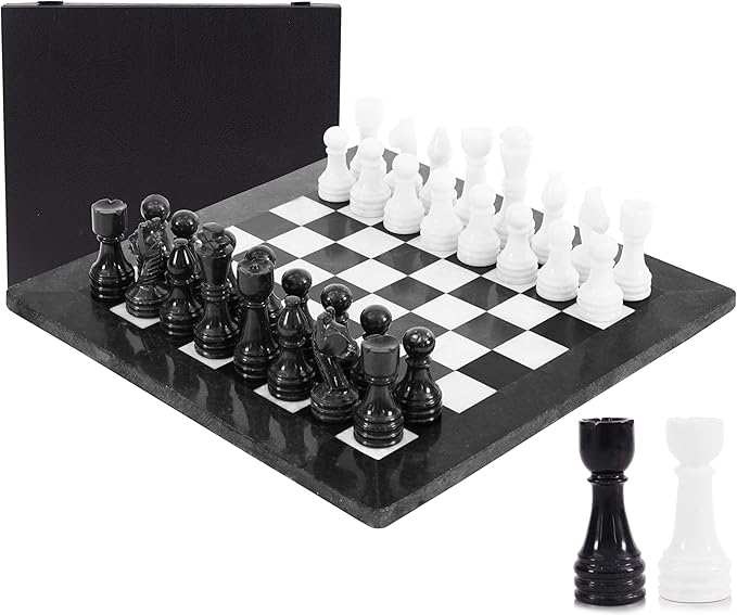 Marble Chess Set 15 Inch Handmade Black & White Board Game with Storage Box, Classic Travel Chess Set for Adults with Pieces & 2 Extra Queens, Elegant Gift & Home Décor