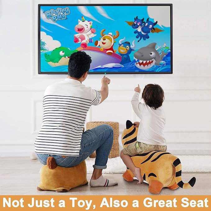 iPlay, iLearn Bouncy Pals Tiger Hopper Toy, Toddler Hopping Horse, Kid Plush Ride on Animal Bouncer W/Pump, Inflatable Bouncing Rider, Indoor Outdoor Jumping Birthday Gift 2 3 4 5 6 Year Old Boy Girl