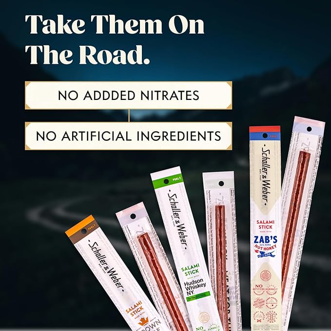 Schaller & Weber Salami Sticks Variety Pack (Zab’s Hot Honey, Hudson Whisky NY, Crown Maple), .85 Oz (Pack of 6) Hickory Smoked Salami | German Style Smoked Sausage Sticks | Gluten Free Protein Snack