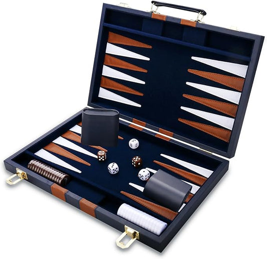 Backgammon Set - Classic Board Game with Premium Leather Case - Portable Travel Strategy Backgammon Game Set for Adults, Kids - Suitable as (15inch, Navy)