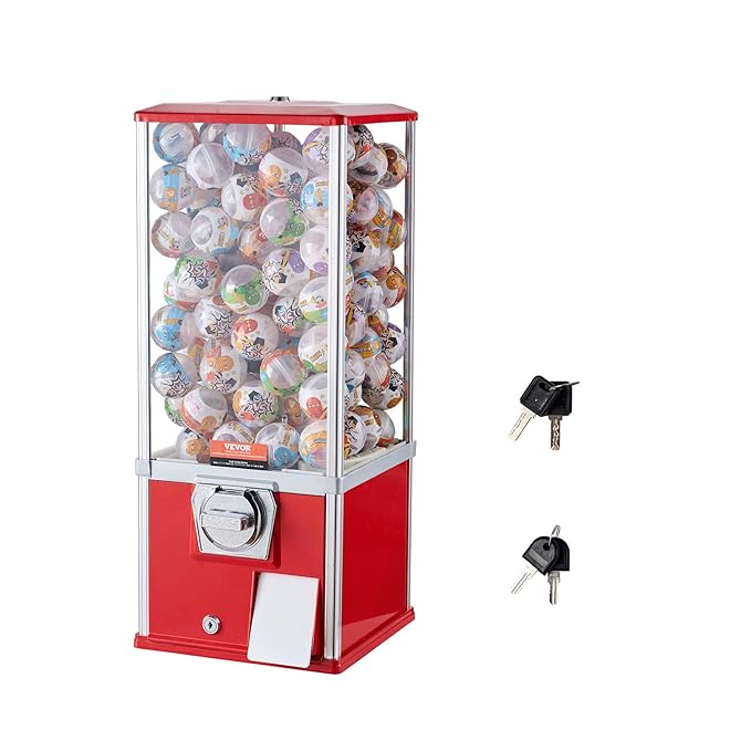 VEVOR Gumball Machine for Kids, 25" Height Home Vending Machine, PS Bouncy Balls Dispenser, Hold 230 Capsule Toys, Rectangle Bubble Gum Machine for Game Stores, Coin Operated Gumball Bank, Red
