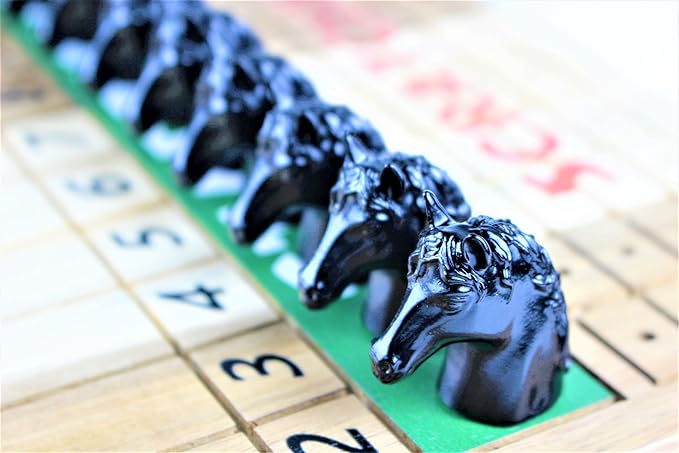 Metal Horse Race Board Game Set with Horse Racing Thick & Solid Wood Game Board, 11 Luxurious & Durable Classic Black Colored Metal Craft Horses, Dice and Cards for Horseracing (HR-652)
