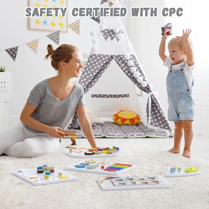 Rocket Sensory Wall Panel for Kids - Montessori Toddler Activity Board, Busy Board Panels, Wall Toys for Toddlers 3, Activity Cube, White Grey