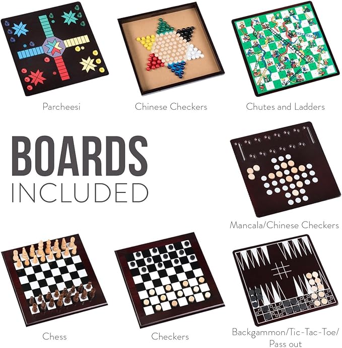 Board Game Set - Deluxe 15 in 1 Tabletop Wood-accented Game Center with Storage Drawer (Checkers, Chess, Chinese Checkers, Parcheesi, TicTacToe, SOlitaire, Snakes and Ladders, Mancala, Backgammon, Poker Dice, Playing Cards, Go Fish, Old Maid, and Dominos)