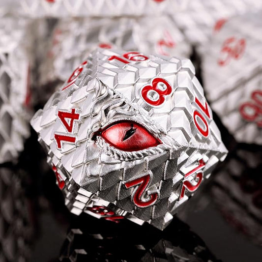Metal Dice Set D&D,7 PCS Dragon Scale Metallic DND Dice Set,Dragon Eye Metal Dice with Gift Metal Box for Dungeons and Dragon Tabletop Game (White Dragon Scale & Red Eye)
