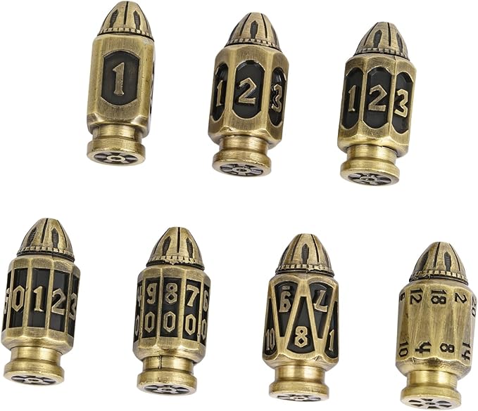 UDIXI Metal DND Bullet Dice Set, 7-Die Polyhedral Metal Dice Set with Unique Container for D&D, Role Playing Game or Other Tabletop Games（Ancient Bronze）