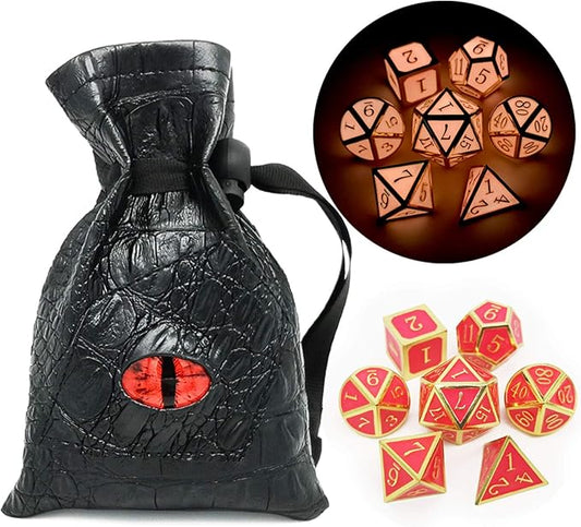 Haxtec Glow in The Dark Metal DND Dice Set Gold Pink D&D Dice for Dungeons and Dragons-Gold Glowing Red/Cream Pink