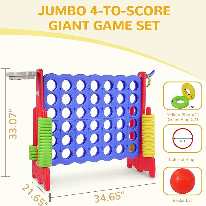 Giant 4-in-A-Row Connect Game Outdoor, Jumbo 4-to-Score Yard Games for Kids and Adults with Basketball Hoop Outdoor Party Family Holiday Games with 42 Rings & Quick-Release Slider