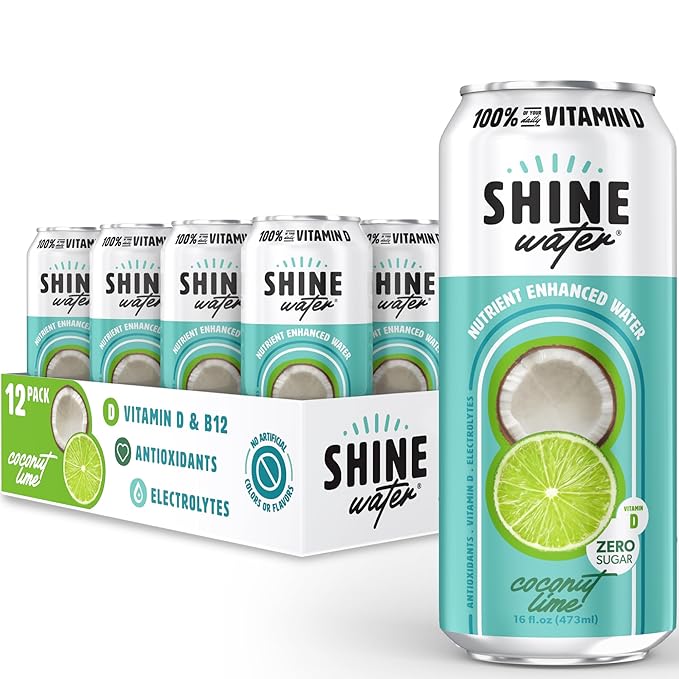ShineWater Vitamin D Hydration Electrolyte Drink - Flavored water with electrolytes, Sugar-Free, Magnesium, Zinc, Vitamin B12, Folic Acid, Plant-Based, Low Calorie - Coconut Lime Fruit Water 12 Pack