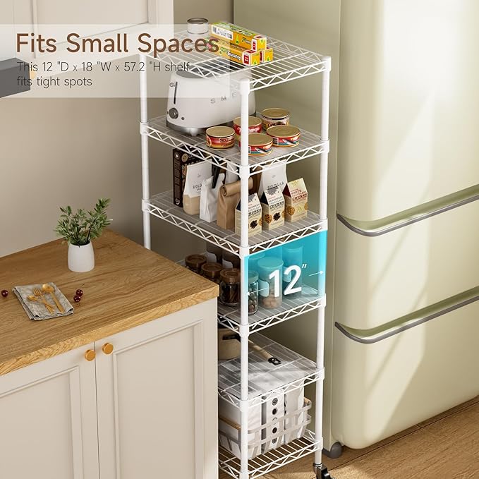 Small 6 Tier Shelves Storage Wire Shelving Unit Metal Shelf Adjustable Organizers Storage Shelving with Wheels for Bathroom Laundry Room Kitchen Pantry12”D x 18”W x 61.6”H White