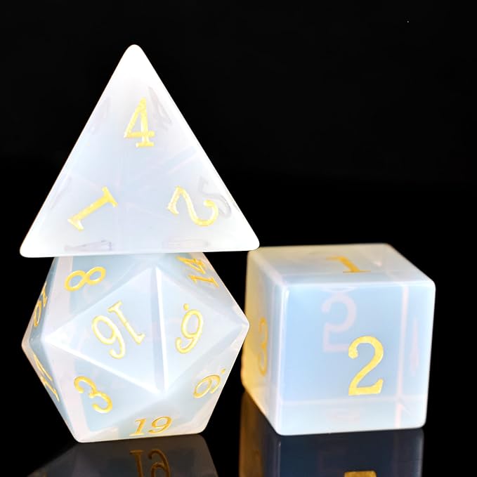 Gemstone DND Stone Dice Sets D&D 7 Pcs Polyhedral Dice Set Handmade Opal Stone Dice Set Natural Gemstone Dice Sets with Metal Case for Dungeons and Dragons RPG MTG Tabletop Games