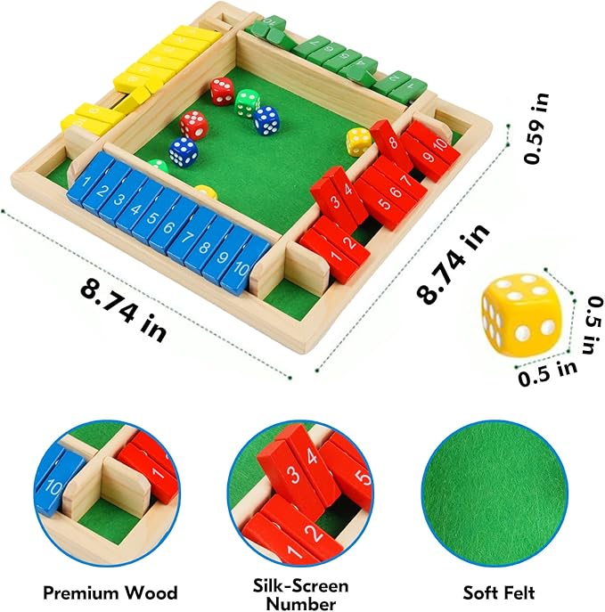 2 Pack Shut The Box Game, 2-4 Play Wooden Dice Math Games for Adults and Kids, Shut The Box Board with 8 Dices for Classroom, Home, Party, Pub