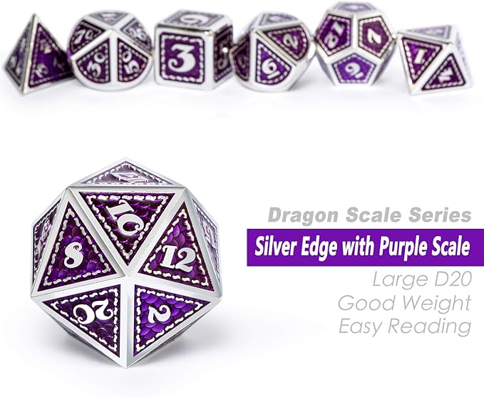 DNDND Metal Dice Set, 7 Pieces Polyhedral Dragon Scale Metallic Die with Gift Metal Case for Dungeons & Dragons D&D (Purple with Silver Edge)