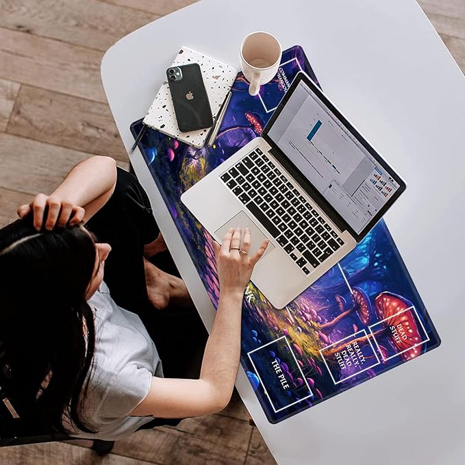 Playmat with Zones for MTG Card Game Playing, 24"x14" Commander Deck Gaming Desk Duel Mat for Beginner, Glowing Forest Mushroom