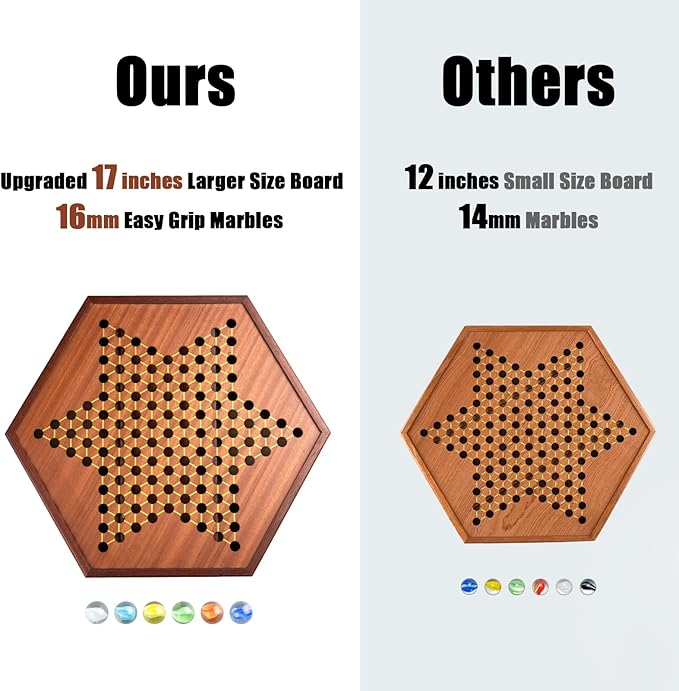 VAMSLOVE Large 17" Chinese Checkers Board Game for 2-6 Player Wooden Game Board, 16mm 60+12 Colorful Glass Marbles, Easy Grasping for Adults and Kids, w/Storage Drawer, Fun for Family Gathering