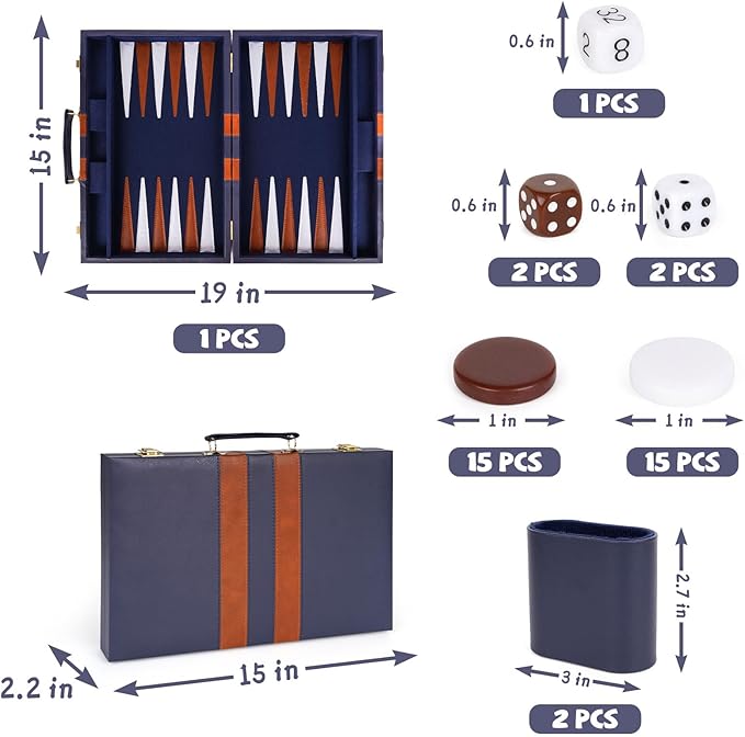 15 Inch Backgammon Sets for Adults ，Classic Family Board Game with Premium Folding Leather Backgammon Case, Portable Travels Strategy Backgammon Game Set