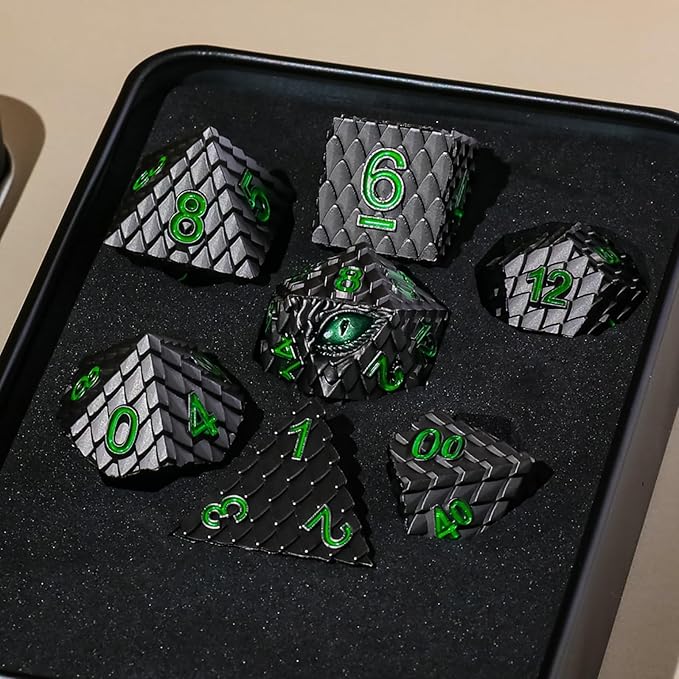 Metal Dice Set D&D,7 PCS Dragon Scale Metallic DND Dice Set,Dragon Eye Metal Dice with Grogeous Gift Case for Dungeons and Dragon Tabletop Game (Black Dragon Scale & Green Eye)