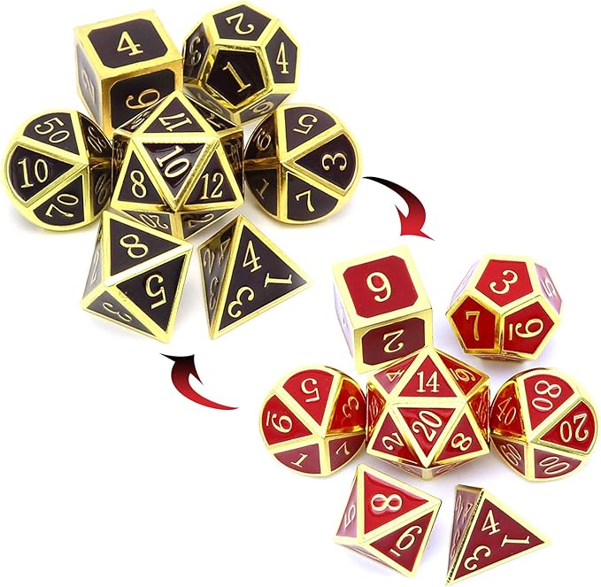 Haxtec Metal DND Dice Set Heat Sensitive Color Changing Metal Dice Polyhedral D&D Dice for RPG Dungeons and Dragons-Gold Black Red Shift