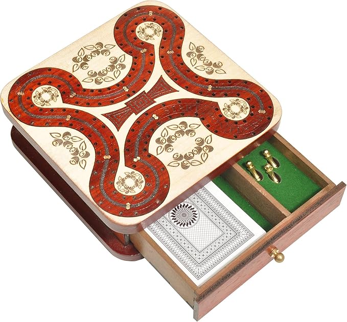 PALM ROYAL HANDICRAFTS 2 Track Wooden Cribbage Board - Two Player Cribbage (60 House) - Alphabet X Track Cribbage Board-2 Decks of Cards and pegs Available (5.5 x 5.5 Inches Small).