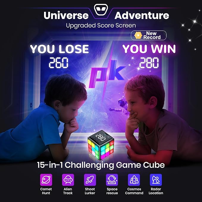 Rechargeable Game Handheld Cube - 15 Fun Brain & Memory Game with Score Screen - Christmas Easter Birthday Gifts for Boys Girls Ages 6-12+ Years Old - Toy Gift Idea for Kids Teens (Black)