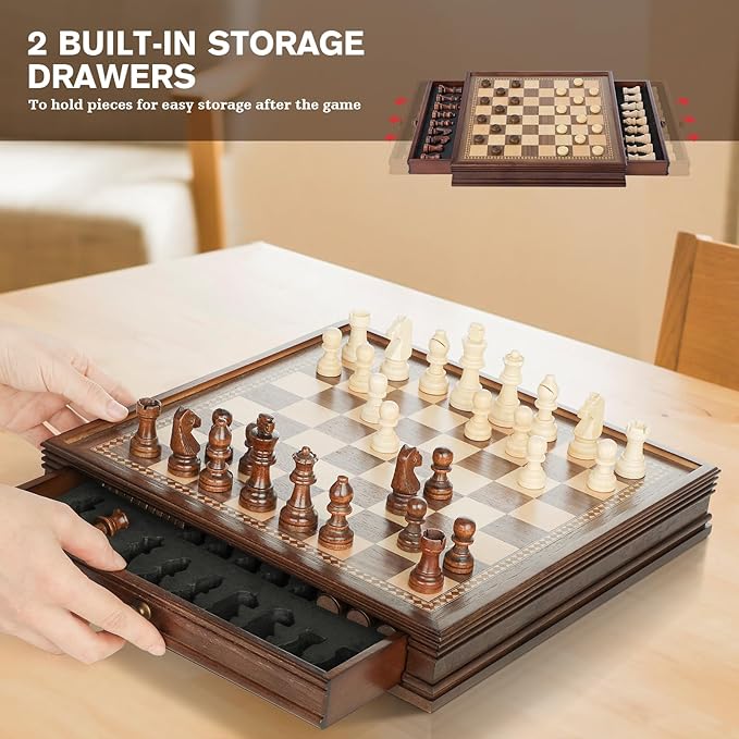 Peradix Magnetic Chess Checkers Board Sets with 2 Built-in Storage Drawers,12.8" Classic 2 in 1 Wooden Games with 2 Extra Queens for Kids and Adults,Travel Portable Chess Game Set