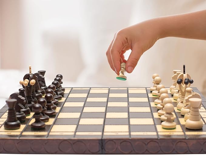 Husaria European International Chess Wooden Game Set, King's Classic - 13.8 Inches Medium Size Chess Set with Handcrafted Chessmen and Felted Folding Board