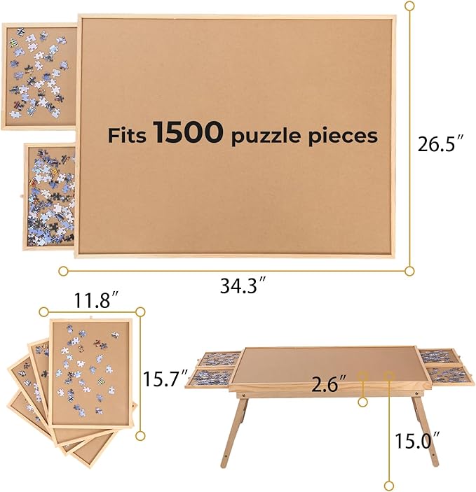 Yacona Puzzle Board 1500 Pieces,34.3”x 26.5” Jigsaw Puzzle Table with 4 Drawers and Cover,Portable Board GameTable with Folding Legs for Adults and Teens