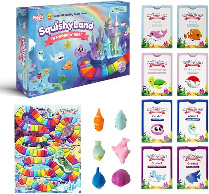 The Fidget Game SquishyLand in Rainbow Reef - Educational & Phonics Learning Activities for Children in Pre-K to 2nd Grade - Mochi Squishy Toys Set with Board Game (2-6 Players) & Card Packs Included