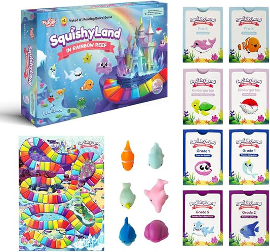 The Fidget Game SquishyLand in Rainbow Reef - Educational & Phonics Learning Activities for Children in Pre-K to 2nd Grade - Mochi Squishy Toys Set with Board Game (2-6 Players) & Card Packs Included