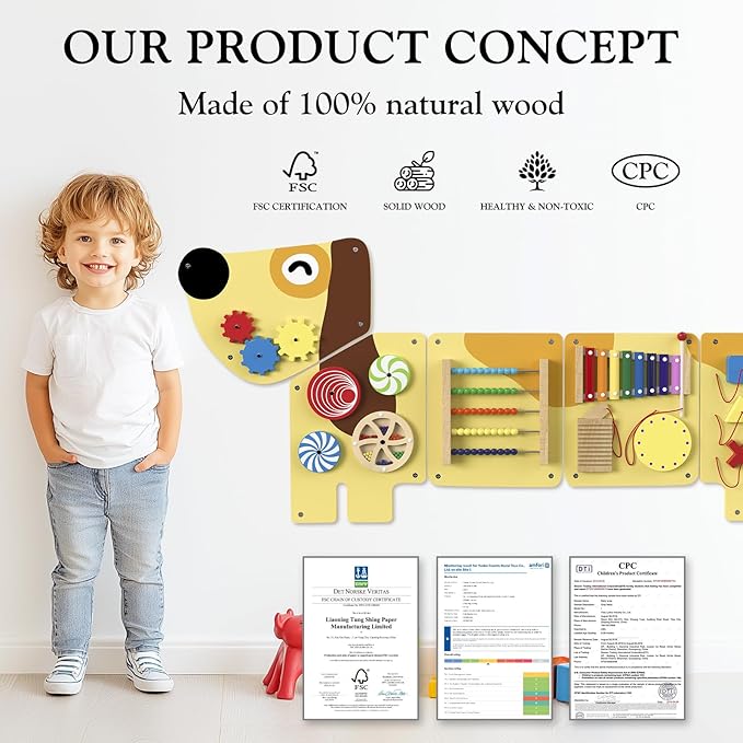 Dog Activity Wall Busy Board Panels, Puppy Montessori Sensory Toys, Sensory Wall Panel for Kids, Wooden Learning Toys, Educational Toy for Toddler Playroom & Children's Daycare